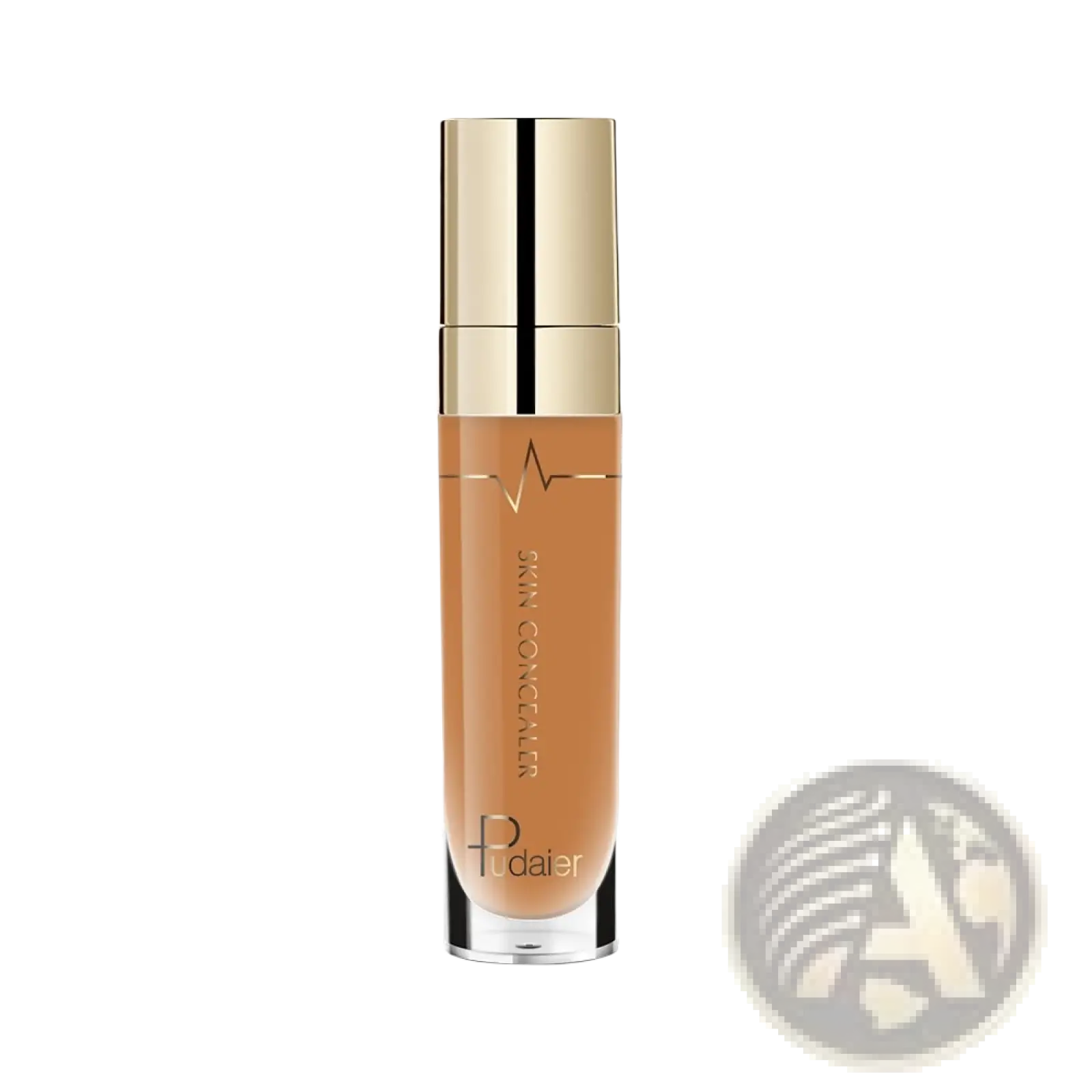 A sleek transparent bottle with gold cap and black stripe contains warm beige pudaiier skin concealer liquid makeup
