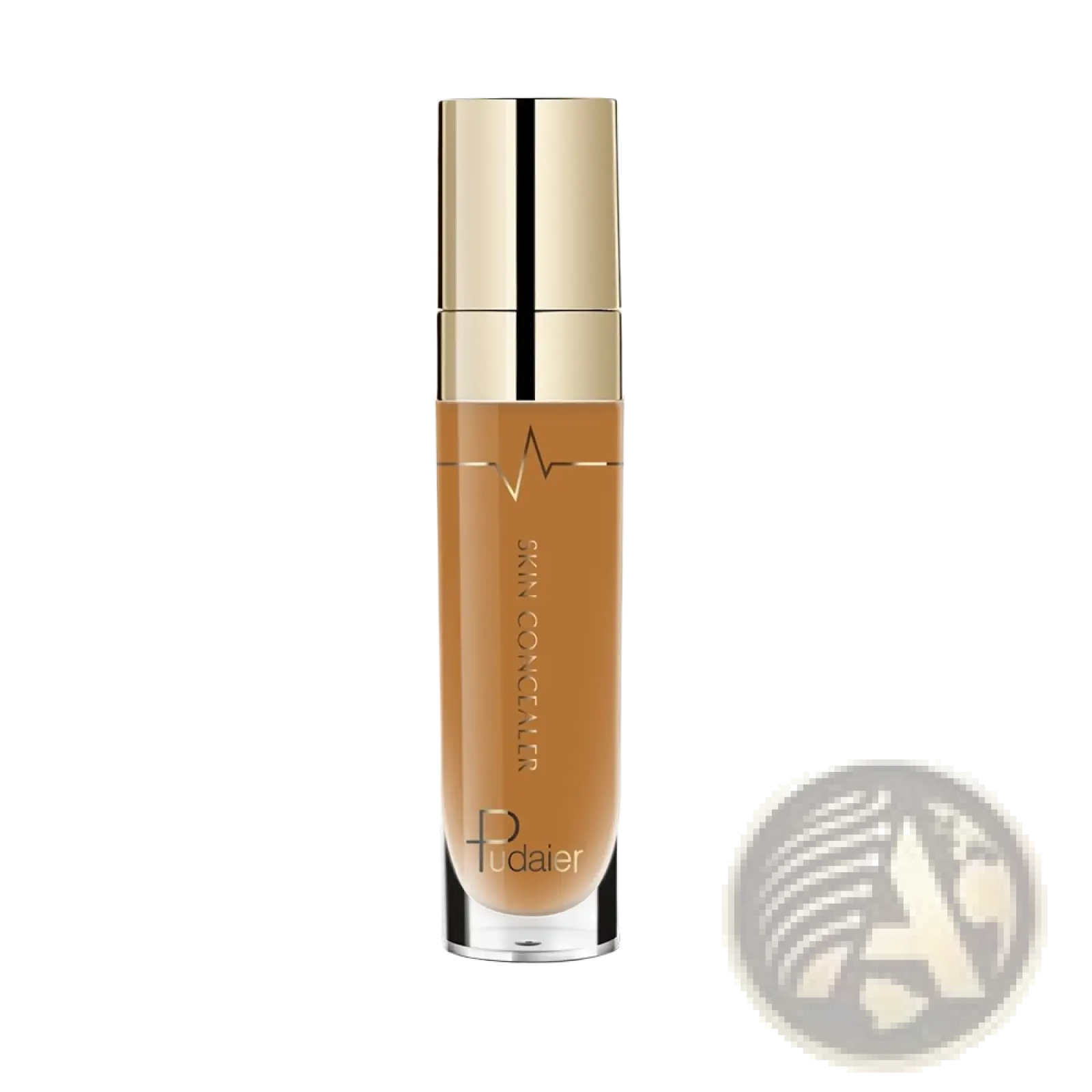 A sleek transparent bottle with a gold cap containing warm beige pudai skin concealer full coverage liquid makeup 5ml