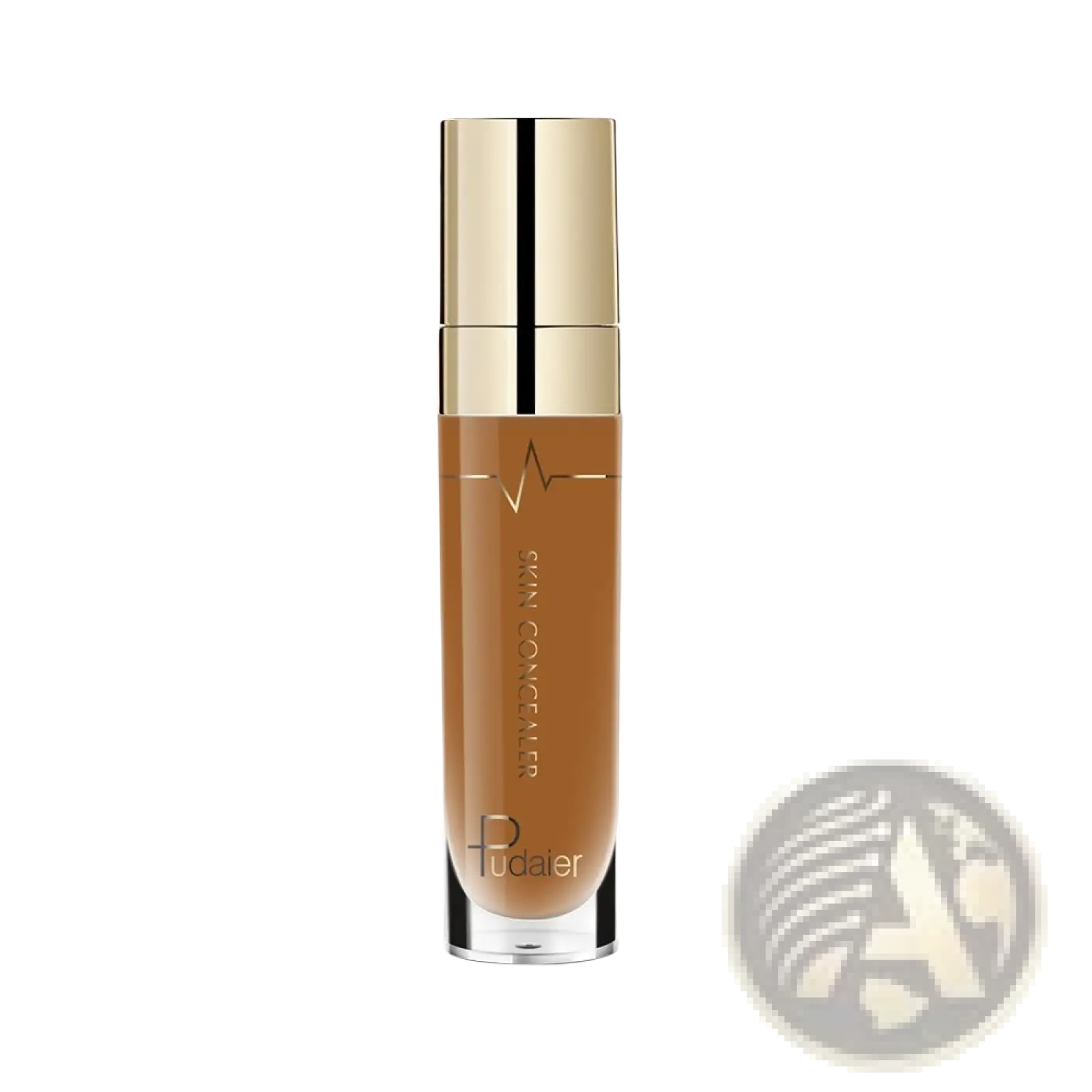 A sleek transparent bottle of pudaier full coverage liquid concealer makeup with a gold cap and metallic accents