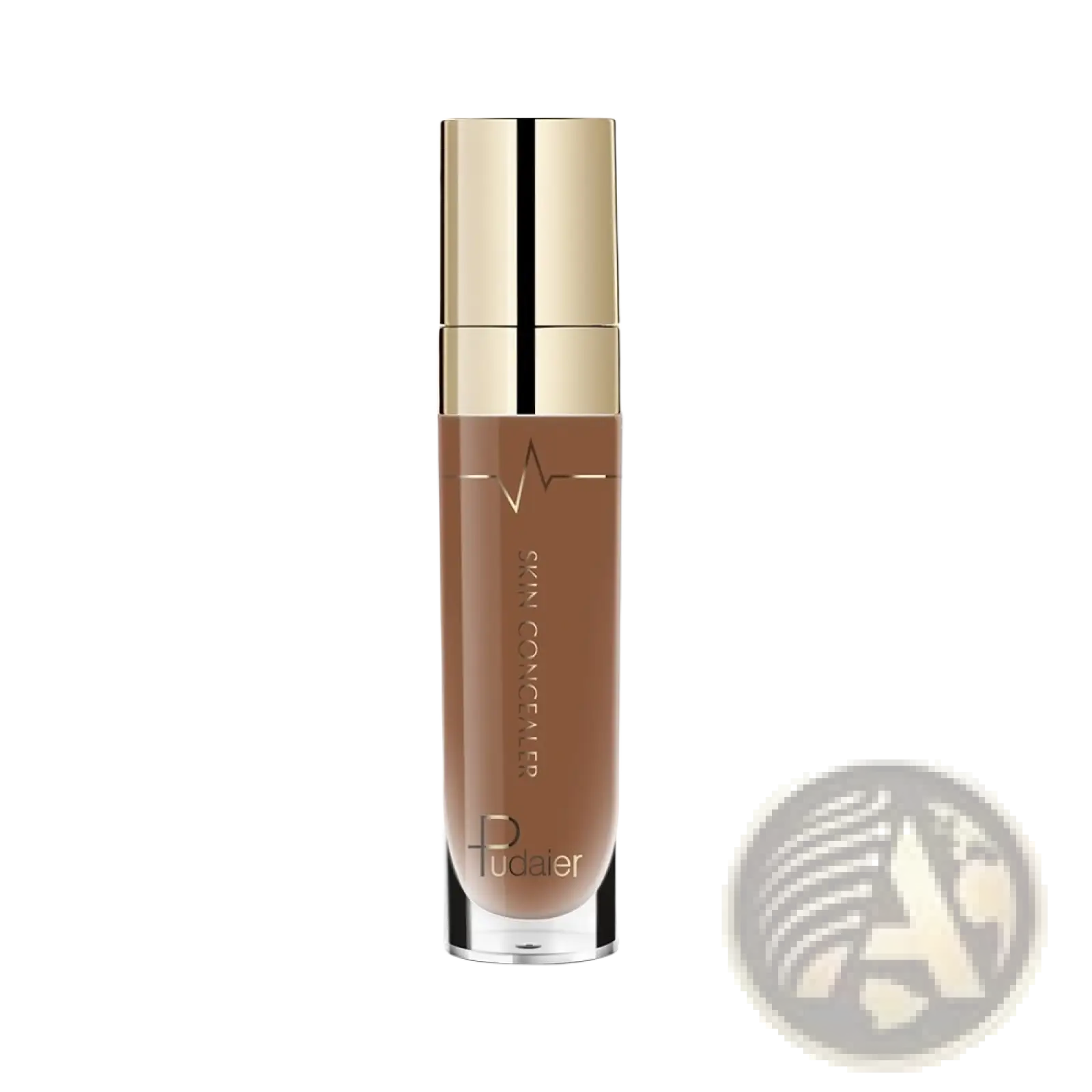 A sleek transparent bottle with gold cap contains brown pudaier full coverage liquid concealer makeup 5ml