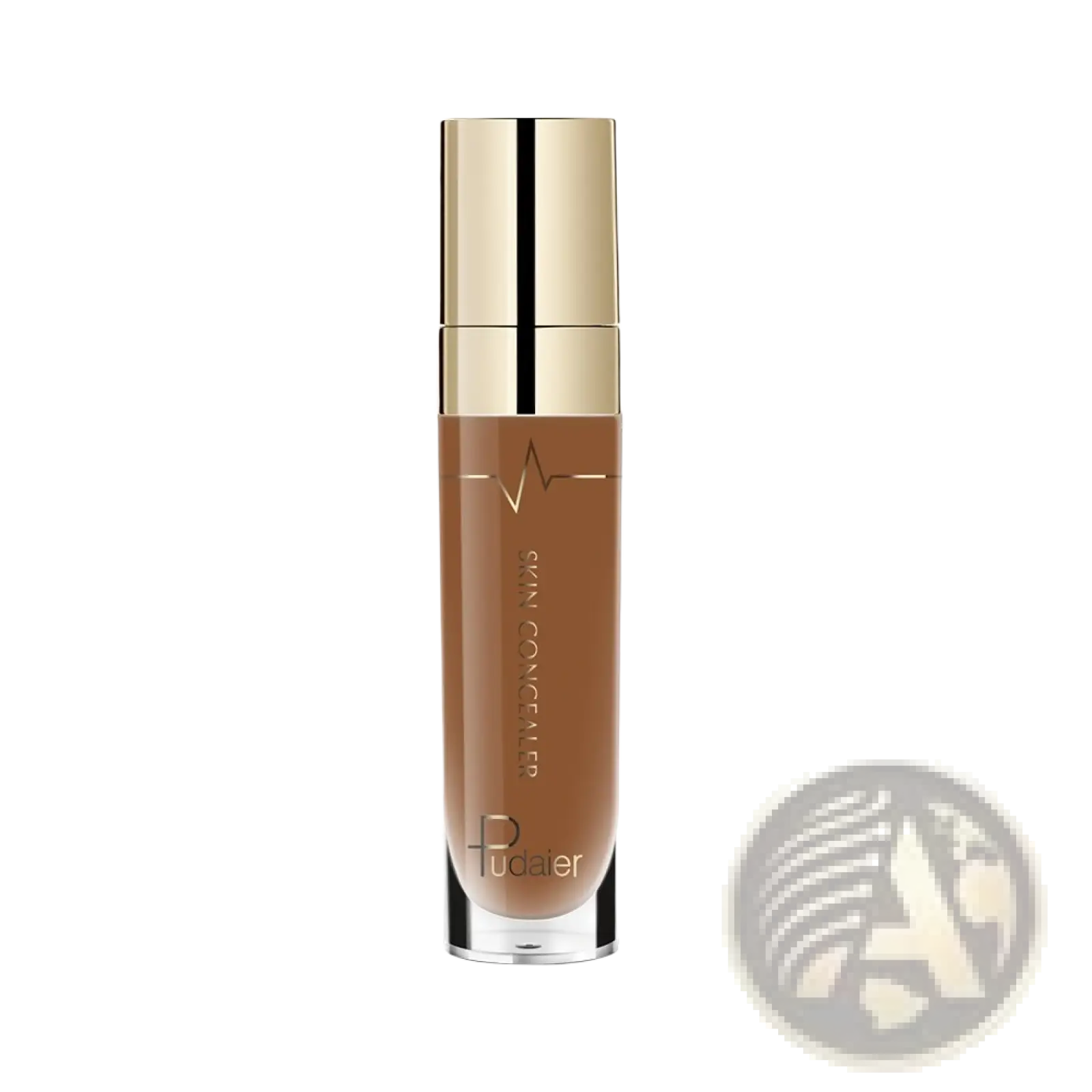A sleek transparent pudaiier full coverage liquid concealer foundation bottle with gold cap and metallic accents