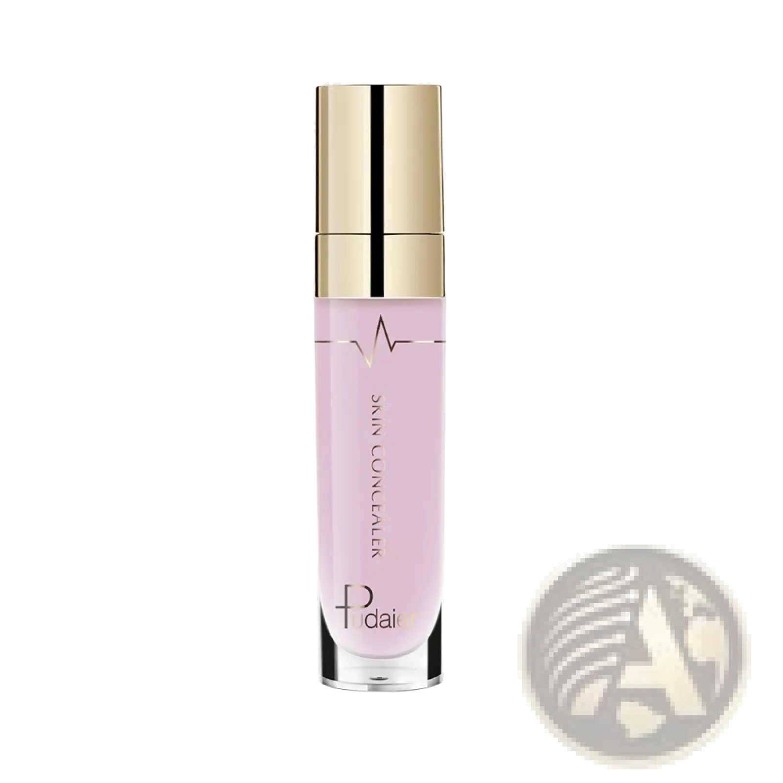A sleek transparent bottle with a gold cap containing light pink pudaier full coverage liquid skin concealer by dai