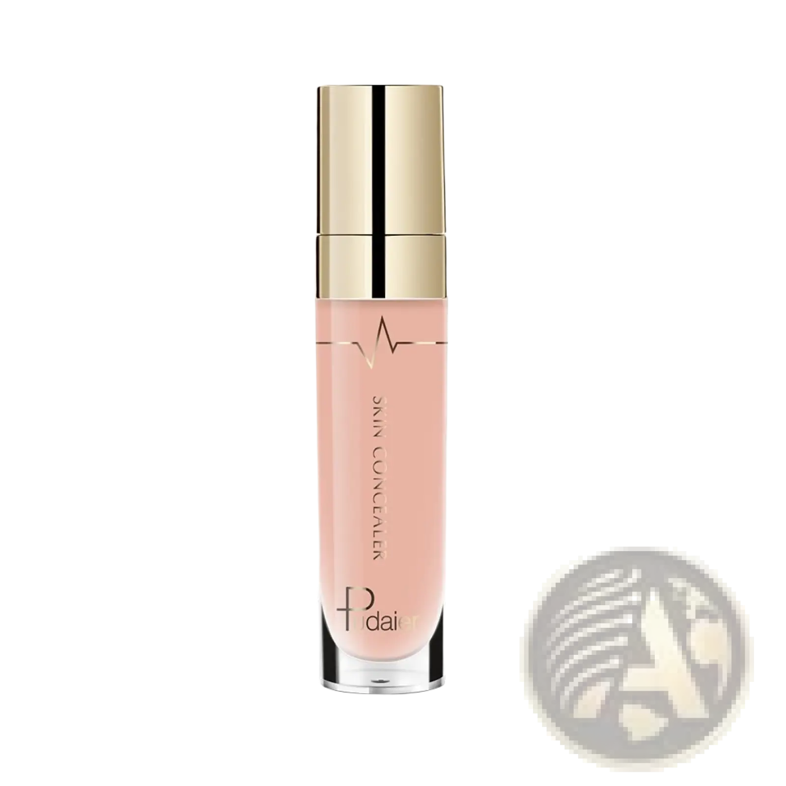 A sleek transparent bottle with gold cap and black stripe contains light pink Pudaier full coverage liquid skin concealer
