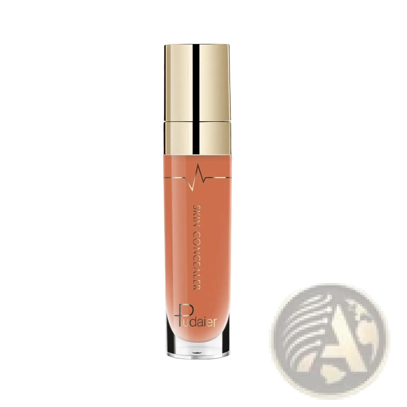 A sleek transparent 5ml pudaier full coverage liquid concealer bottle with gold cap and peach-colored makeup
