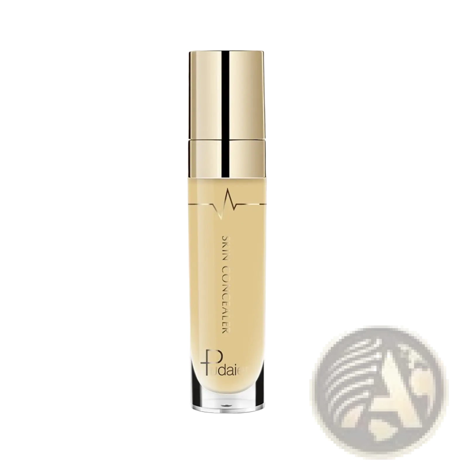 A sleek transparent bottle of pudaier full coverage liquid skin concealer with gold cap and black accent band