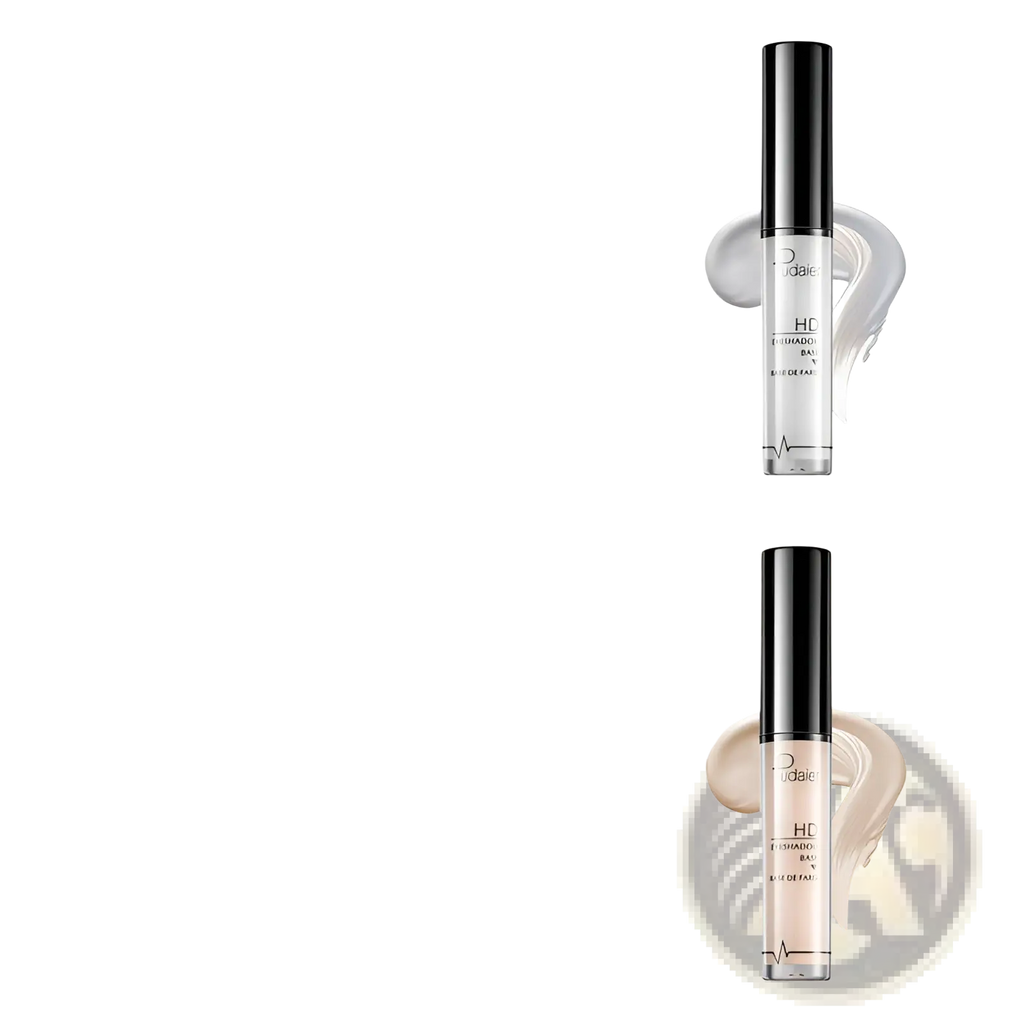 Clear glass tube with black cap containing skin-toned translucent liquid foundation from Pudaier Hd eyeshadow base eye primer