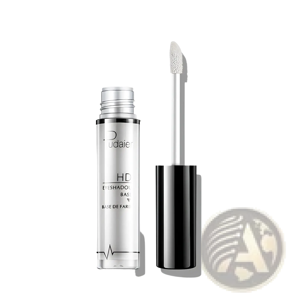 Silver and black tube of pudaier hd eyeshadow base with clear applicator wand for long lasting eye primer use