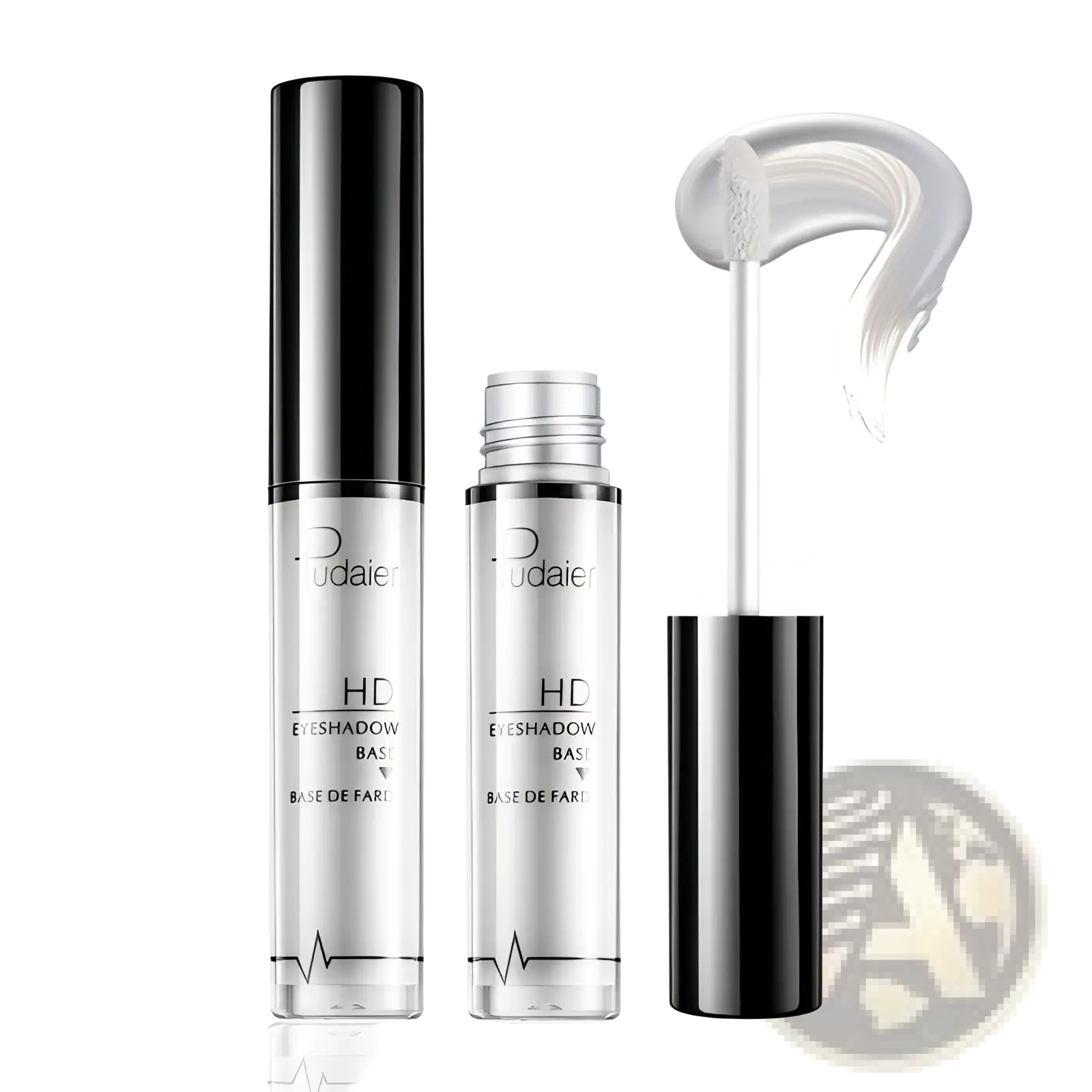 Two transparent glass tubes with black caps and silver Pudai labels of Pudaier HD eyeshadow base long lasting primer