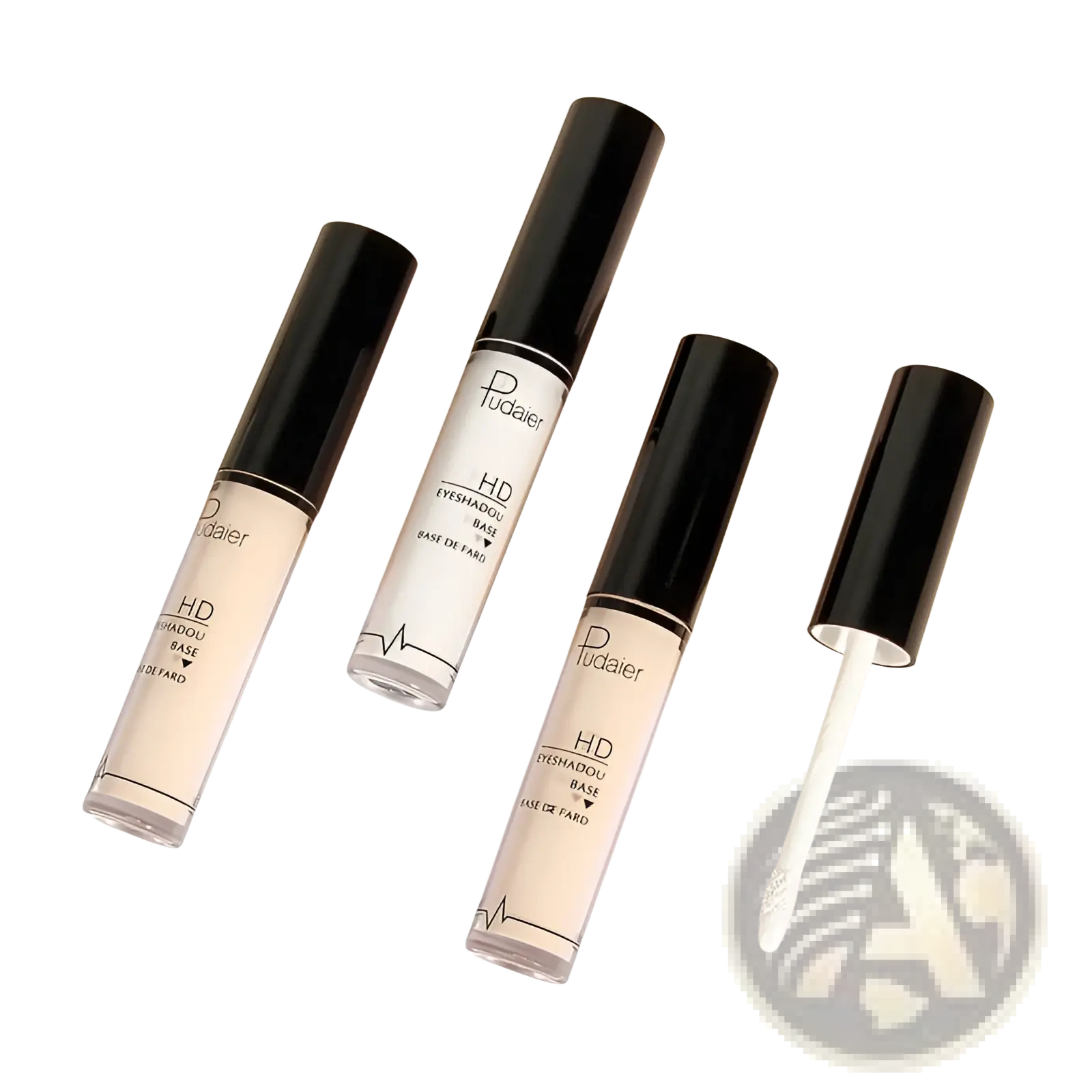 Three transparent tubes of pudaier hd eyeshadow base with black caps beige and white long lasting eye primer