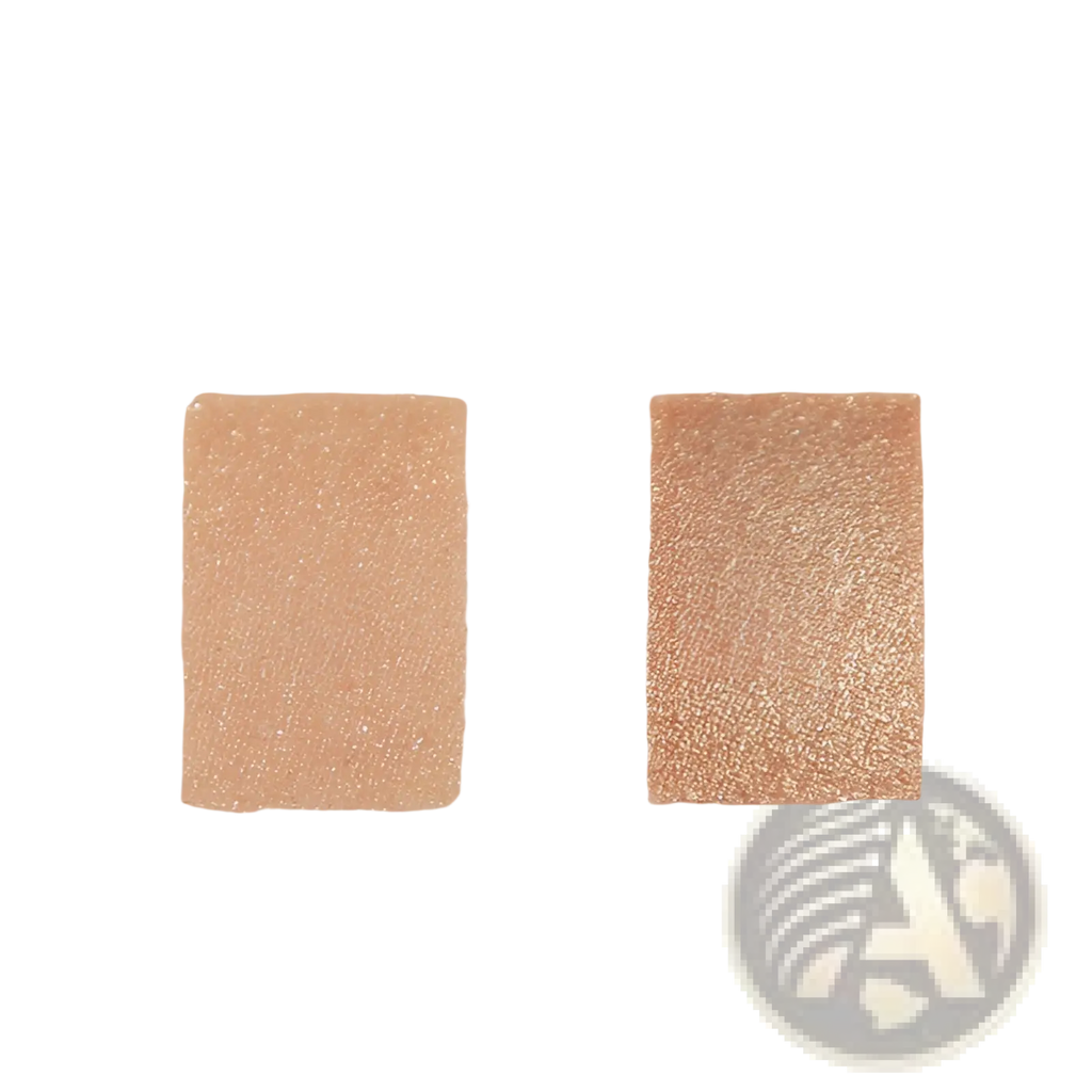 Two rectangular swatches of shimmering metallic eyeshadow in warm gold and rose gold hues for pudaier hd eyeshadow base long lasting eye primer