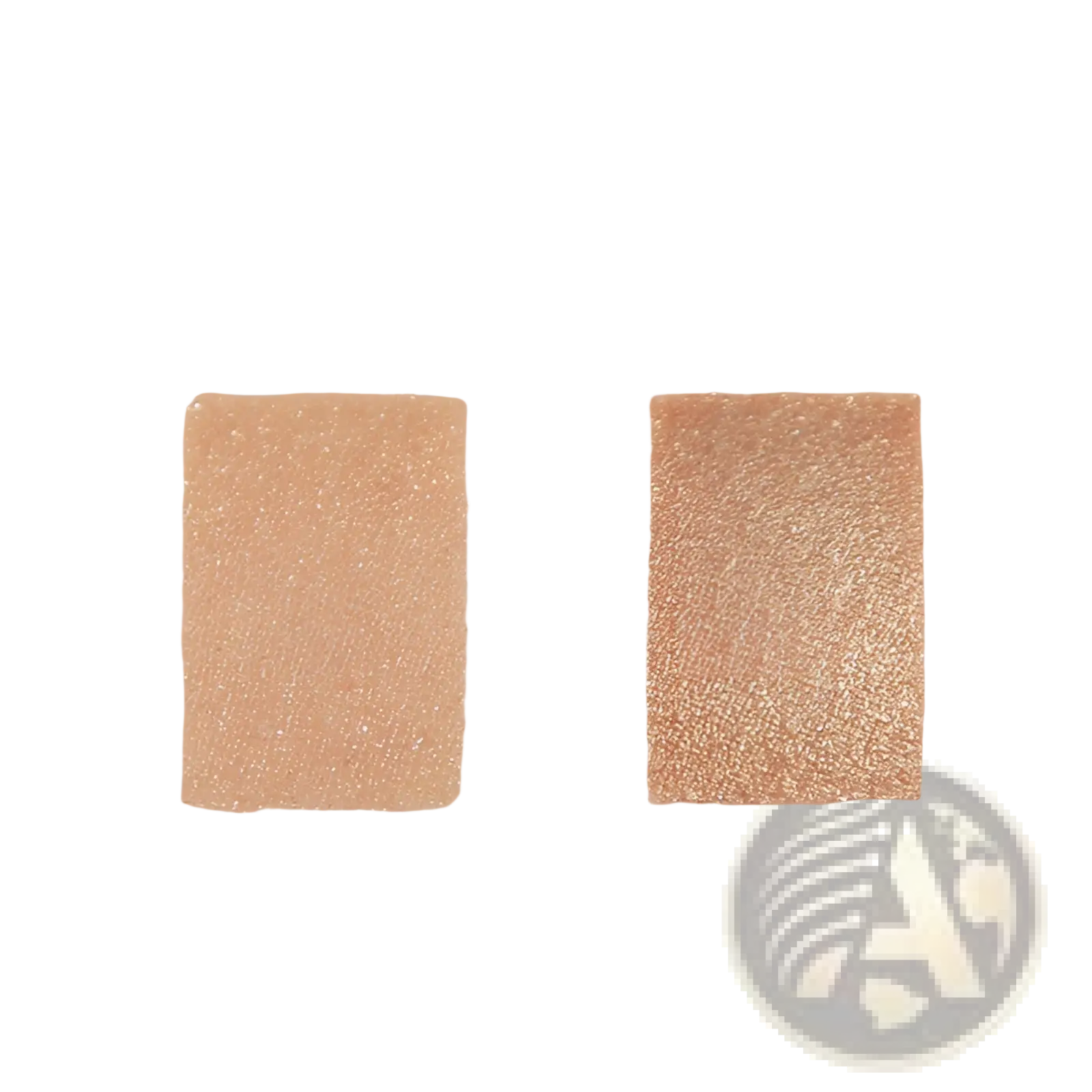 Two rectangular swatches of shimmering metallic eyeshadow in warm gold and rose gold hues for pudaier hd eyeshadow base long lasting eye primer
