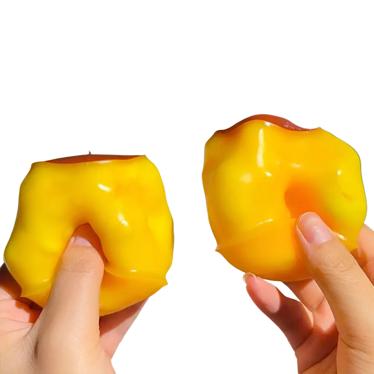 Pudding squishy asmr stress relief toy shaped like a vibrant yellow peach with a glossy gelatinous texture and red top