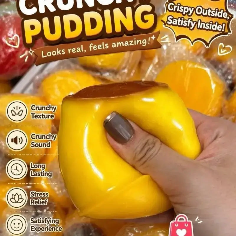 Yellow glossy pudding-shaped squishy stress relief toy with a brown caramel-like top for asmr relaxation