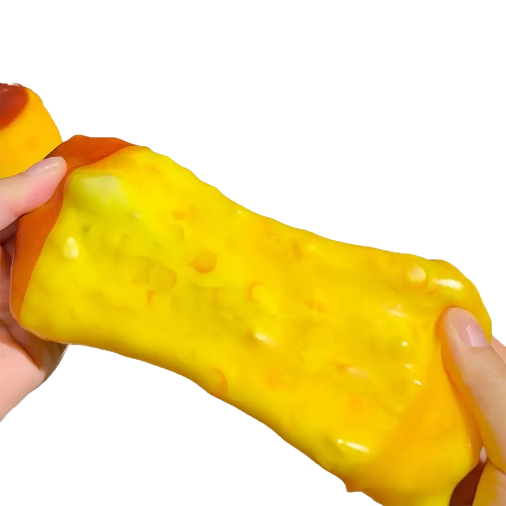 Pudding squishy asmr stress relief toy yellow stretchy cheese shaped stress ball with orange speckles and glossy finish