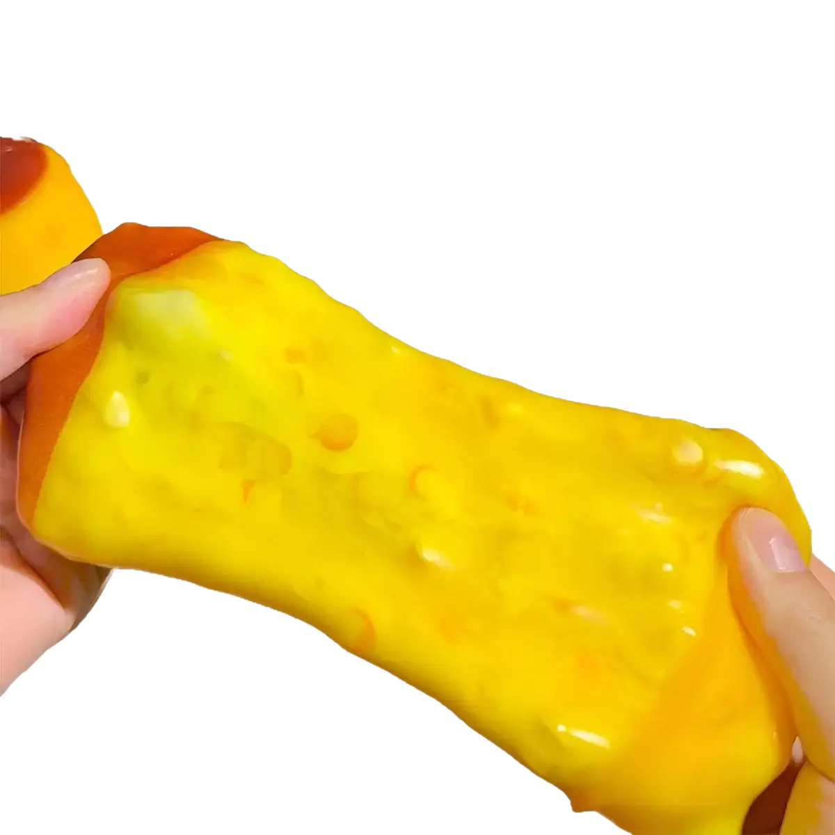 Pudding squishy asmr stress relief toy yellow stretchy cheese shaped stress ball with orange speckles and glossy finish