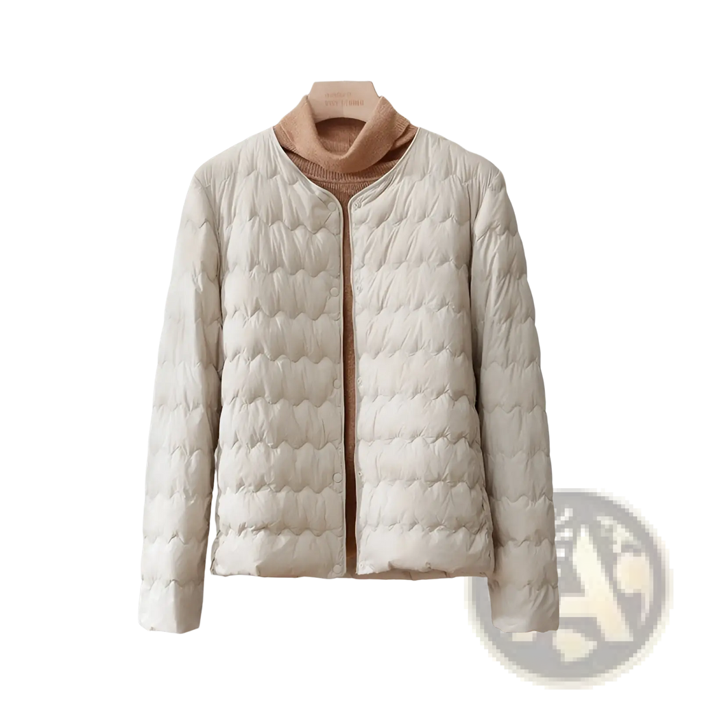 Off-white quilted puffer jacket with ruffled crew neck button closure ideal for cold weather layering