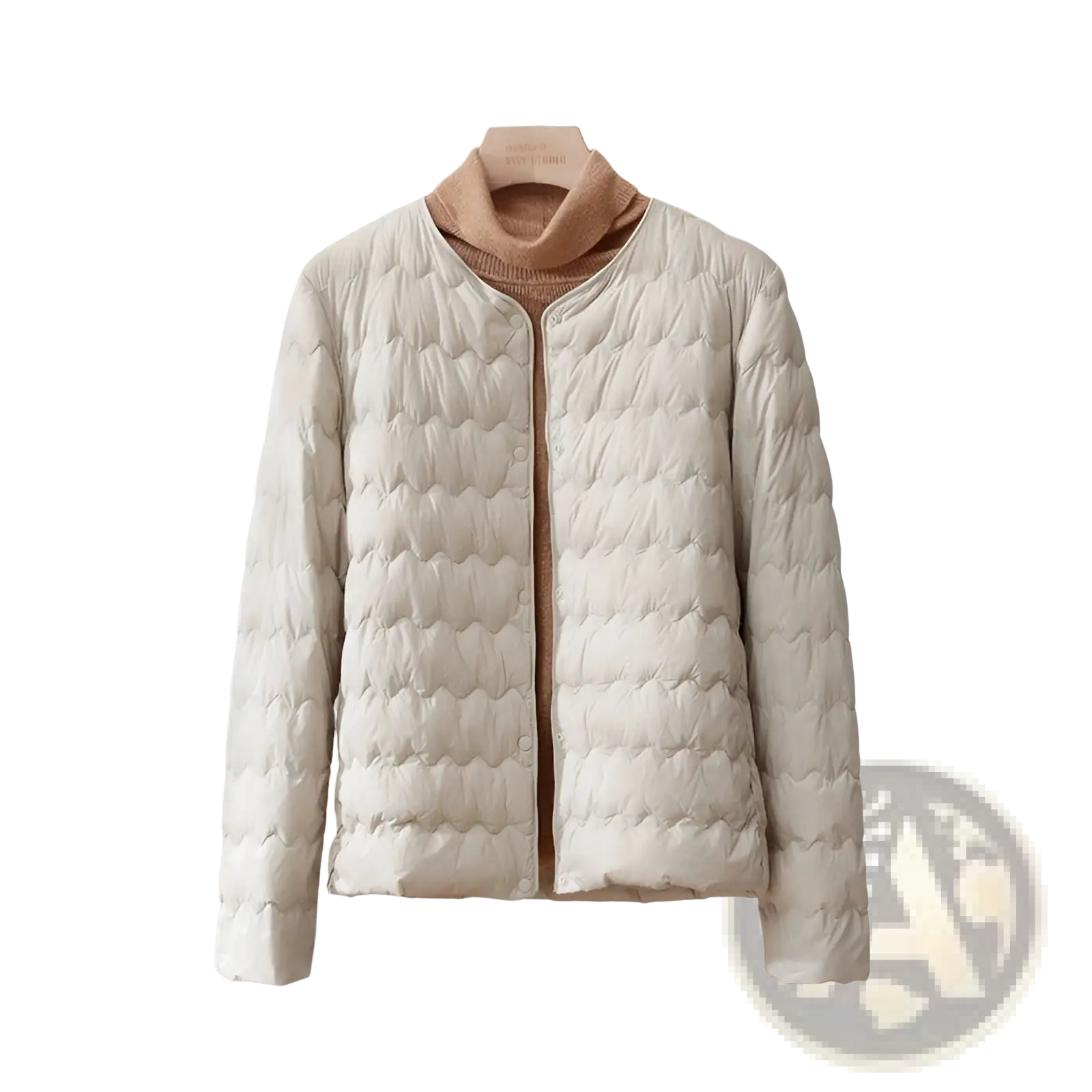 Off-white quilted puffer jacket with ruffled crew neck button closure ideal for cold weather layering