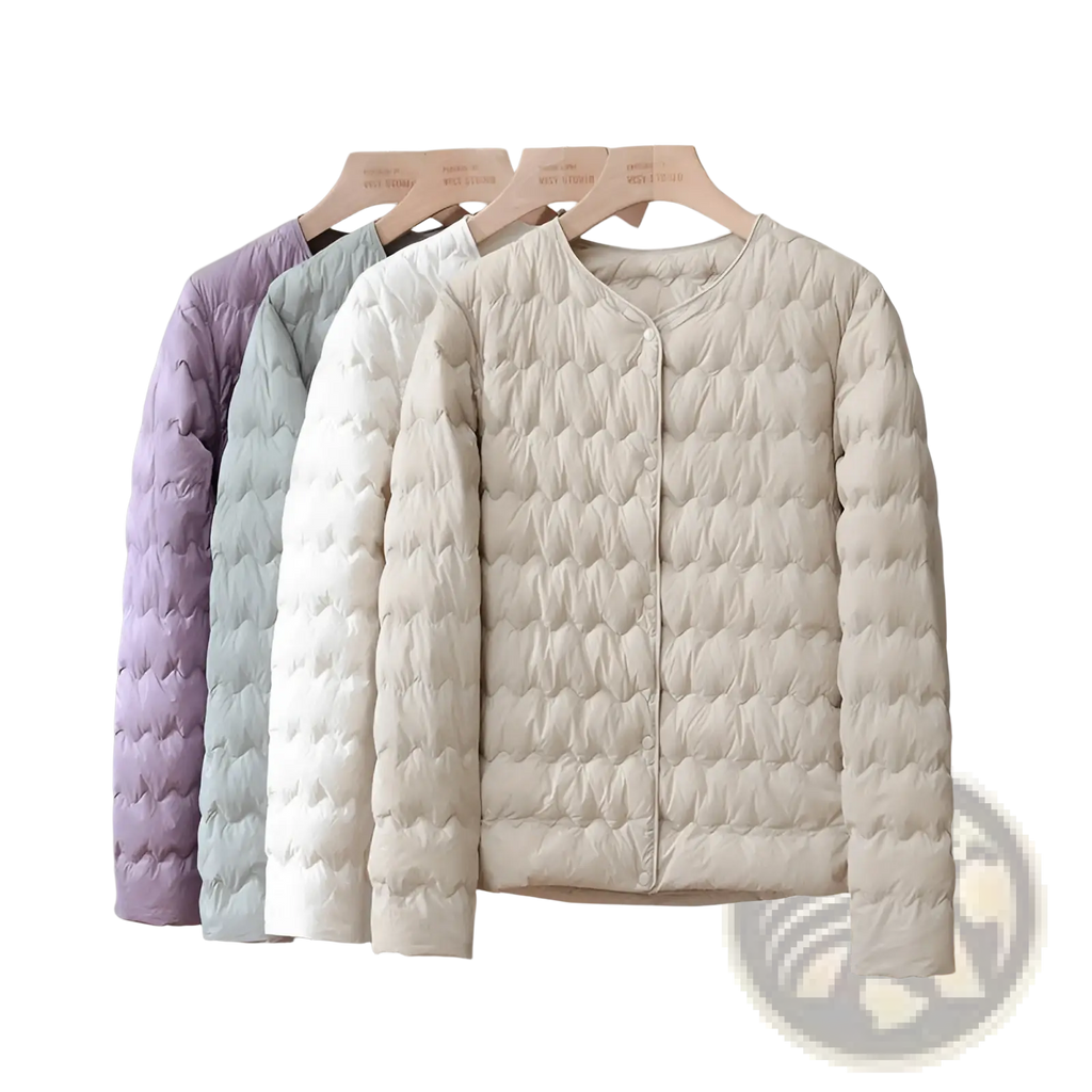 Beige quilted puffer jacket with diamond-stitched pattern and front button closure puff jacket ruffled crew neck