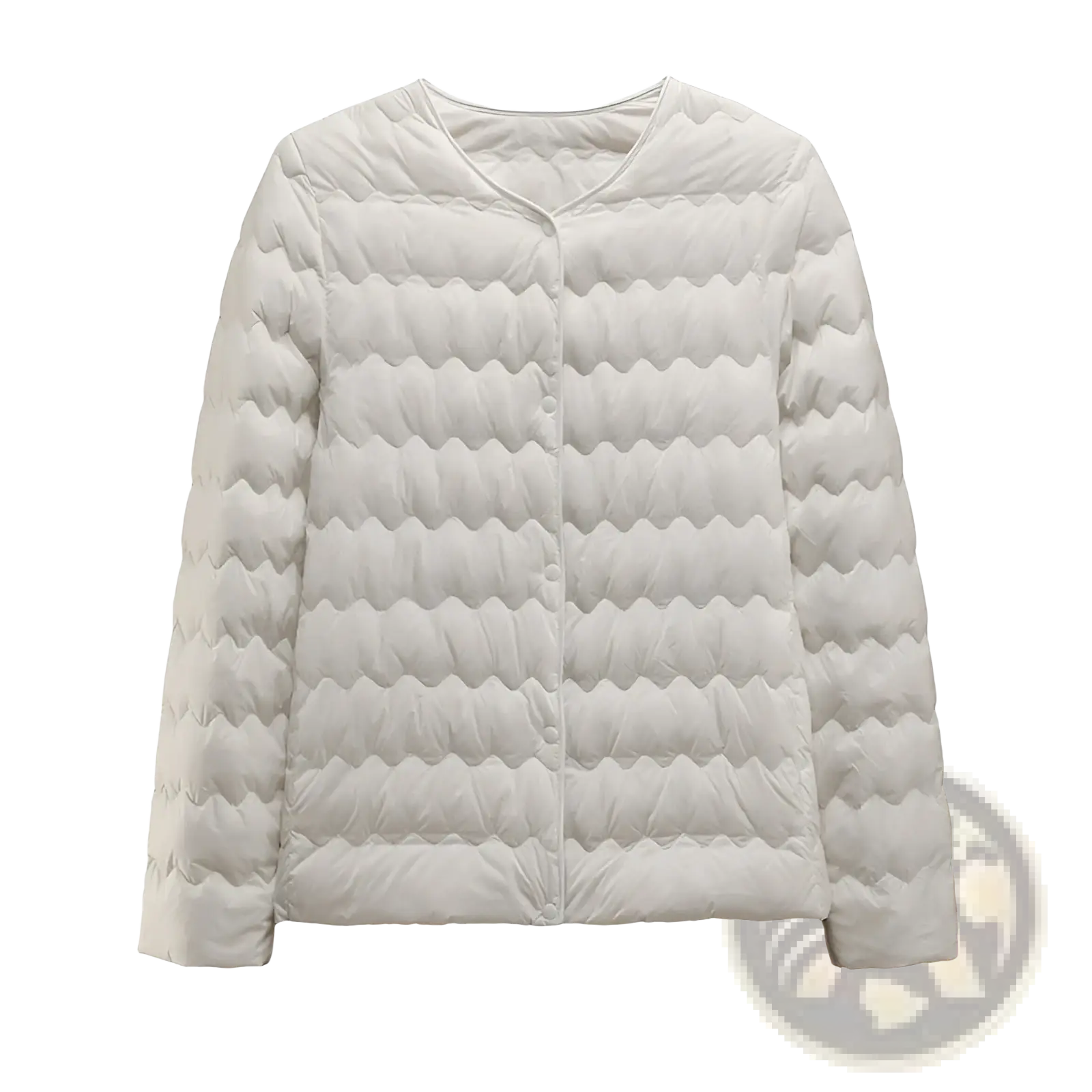 Cream-colored quilted down puff jacket with soft wavy stitching and simple button-front closure ruffled crew neck
