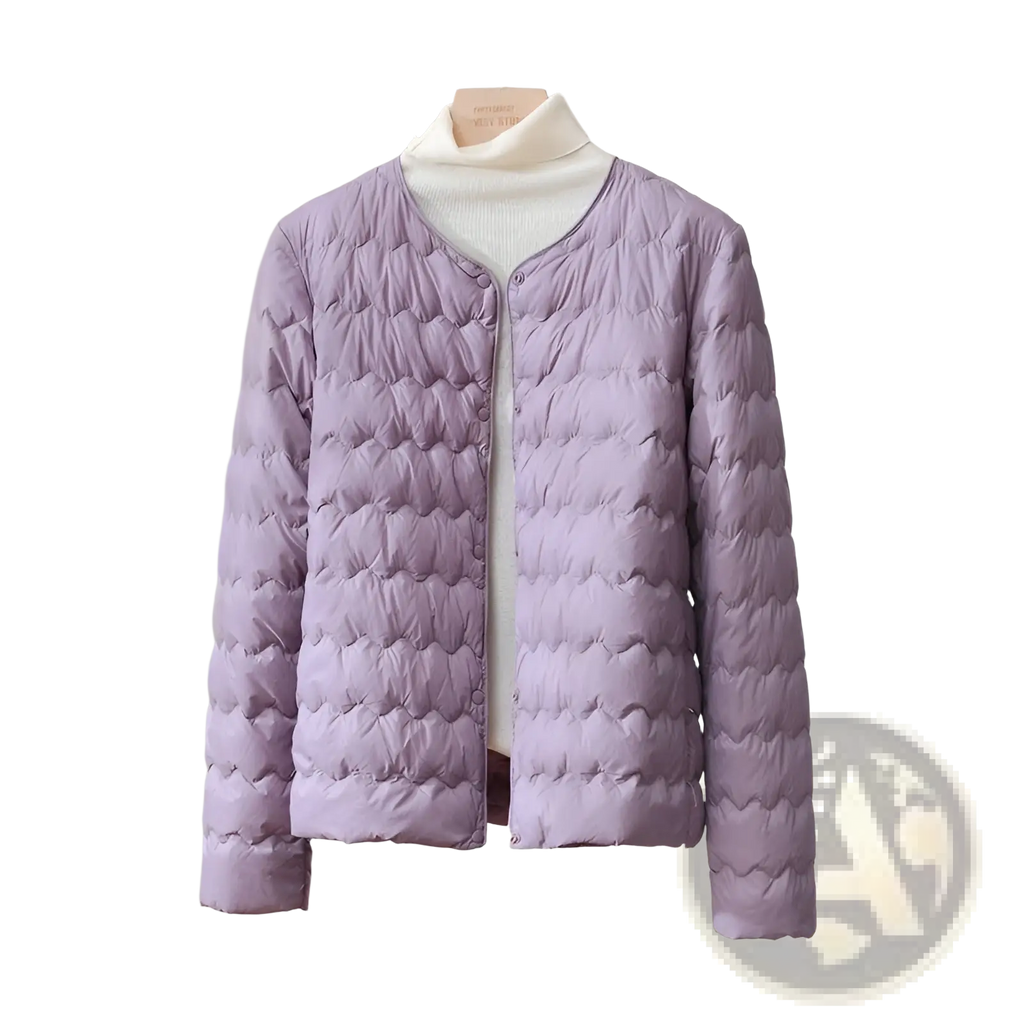 A lavender quilted puffer jacket with soft padded texture and classic button-front design for casual wear