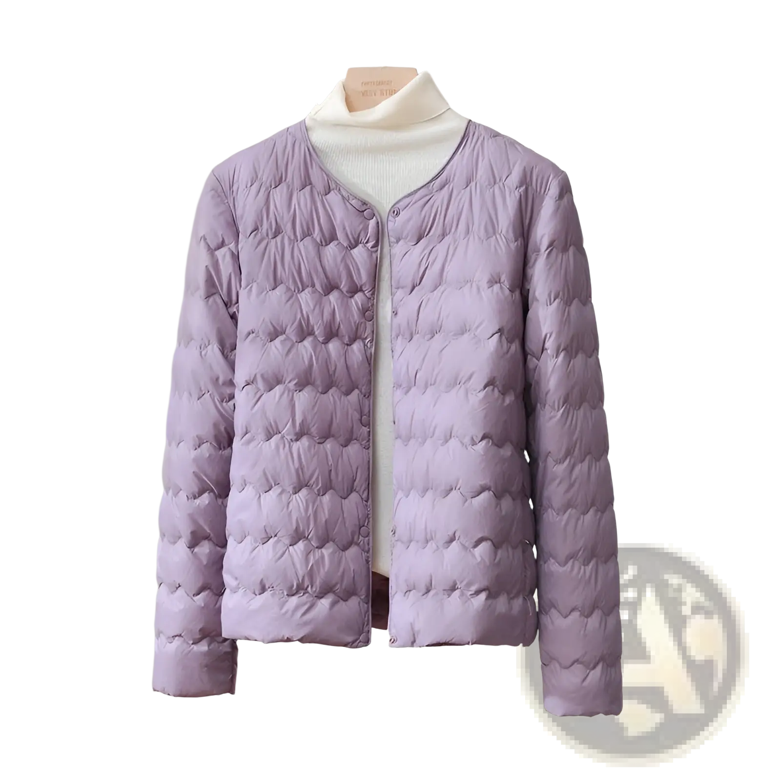 A lavender quilted puffer jacket with soft padded texture and classic button-front design for casual wear