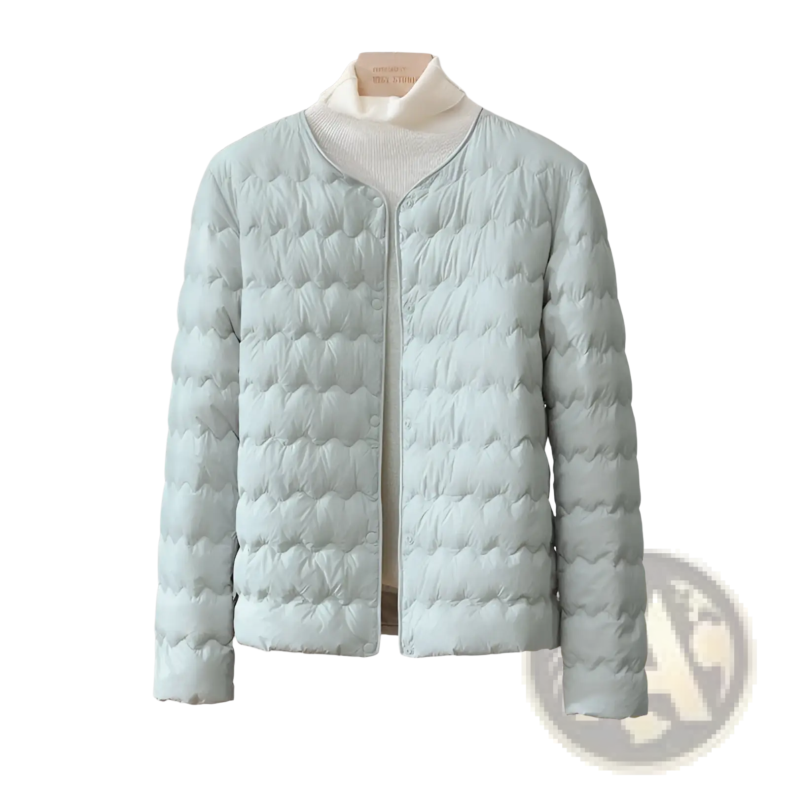 A light mint green quilted puffer jacket with a ruffled crew neck and subtle wave pattern padded texture