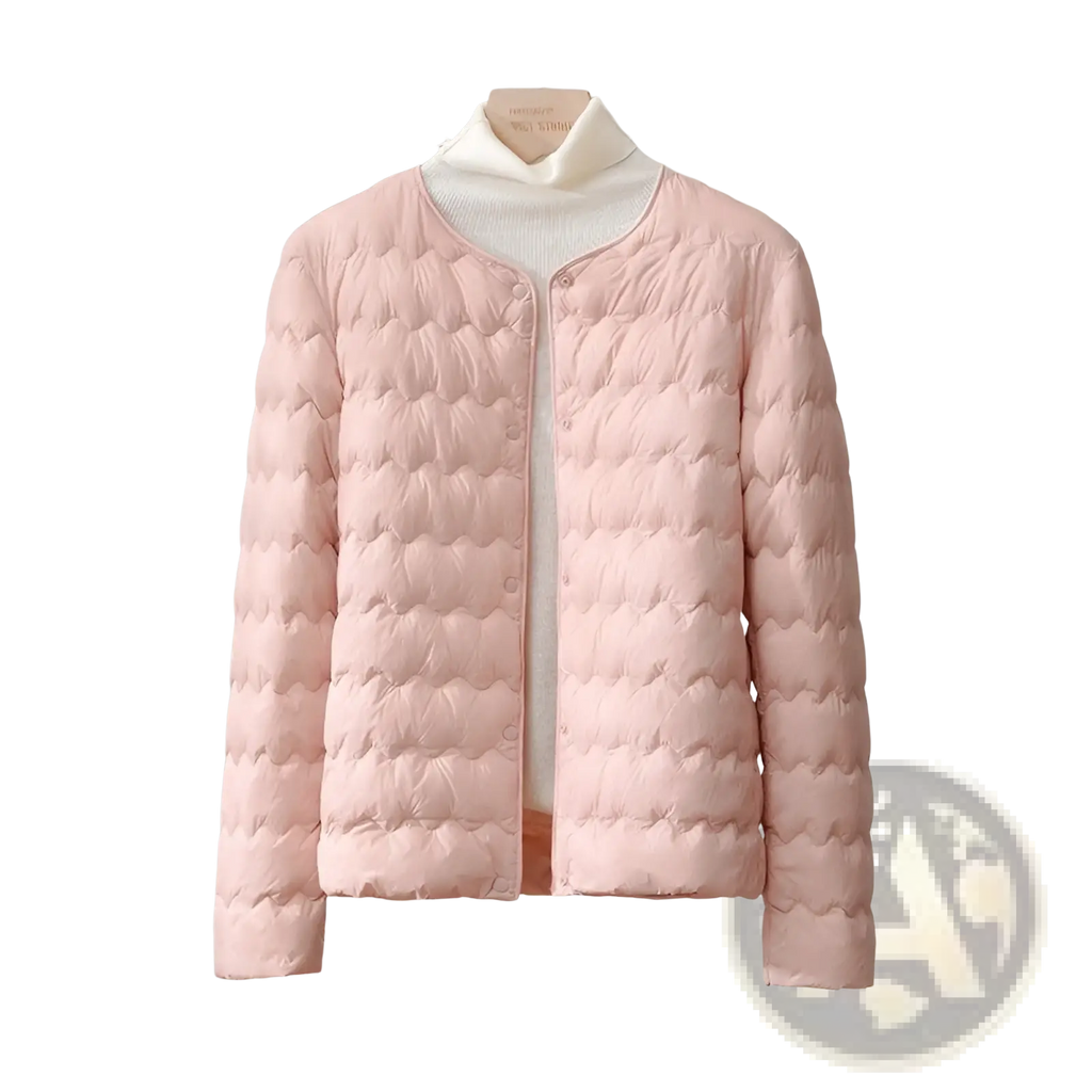 A soft pink quilted puffer jacket with ruffled crew neck rounded collar and button closure