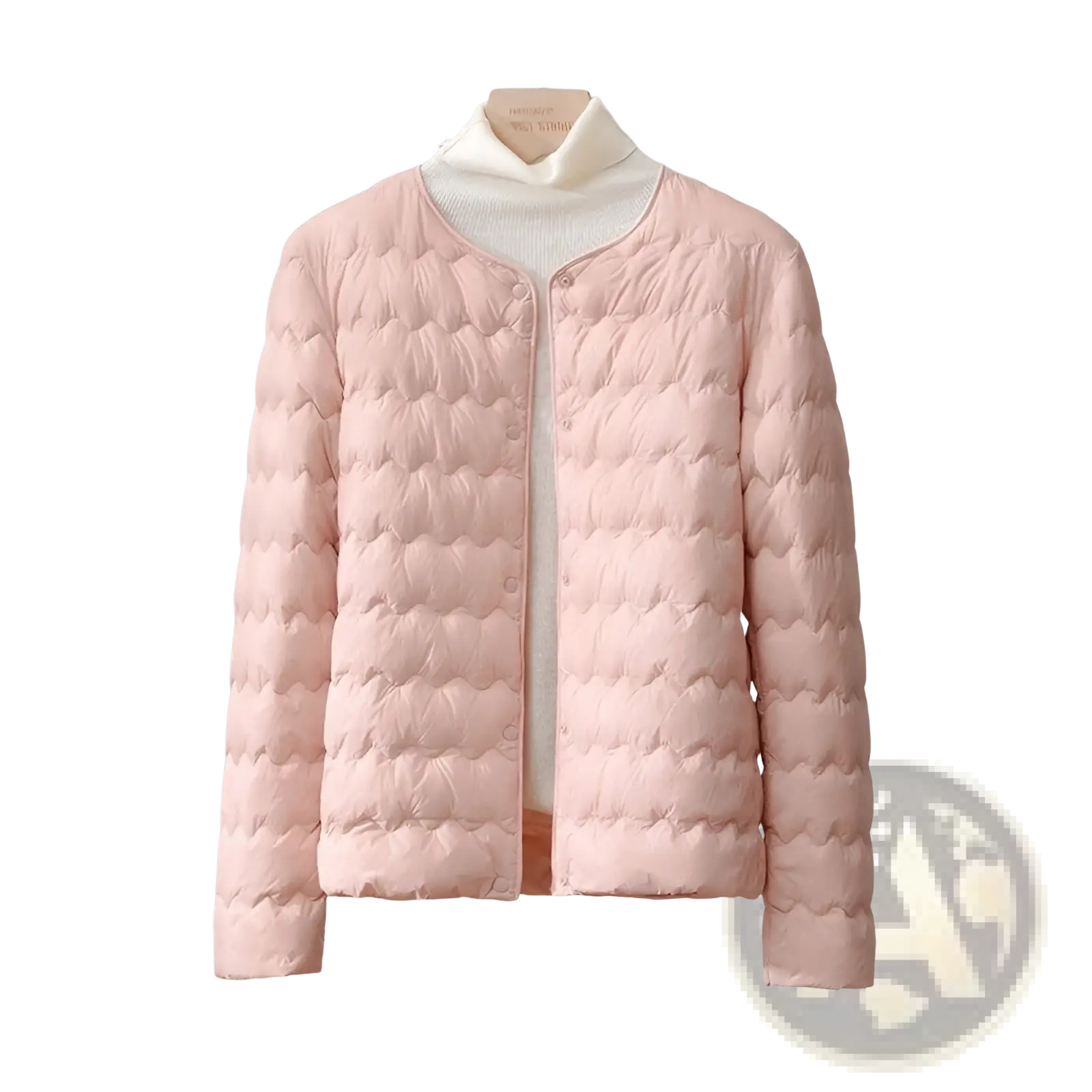 A soft pink quilted puffer jacket with ruffled crew neck rounded collar and button closure