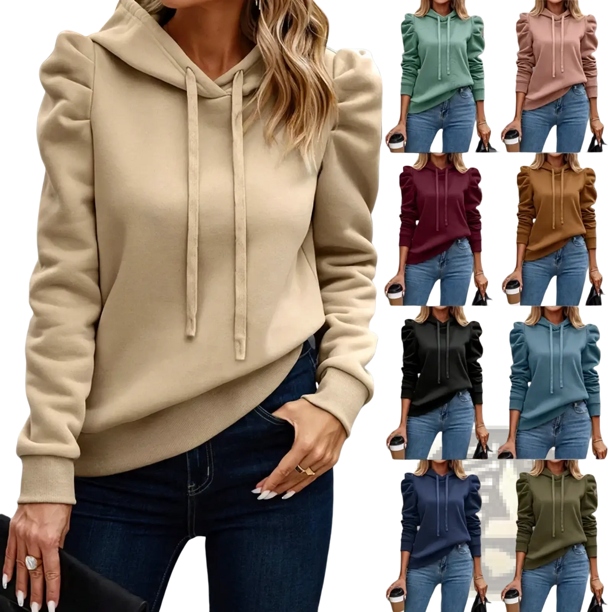 Beige puff sleeve hoodie women casual pullover with drawstring hood and ribbed cuffs made of soft fabric