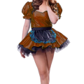 A shiny brown velvet puff sleeve maid cosplay dress with black lace-trimmed apron in plus size fit