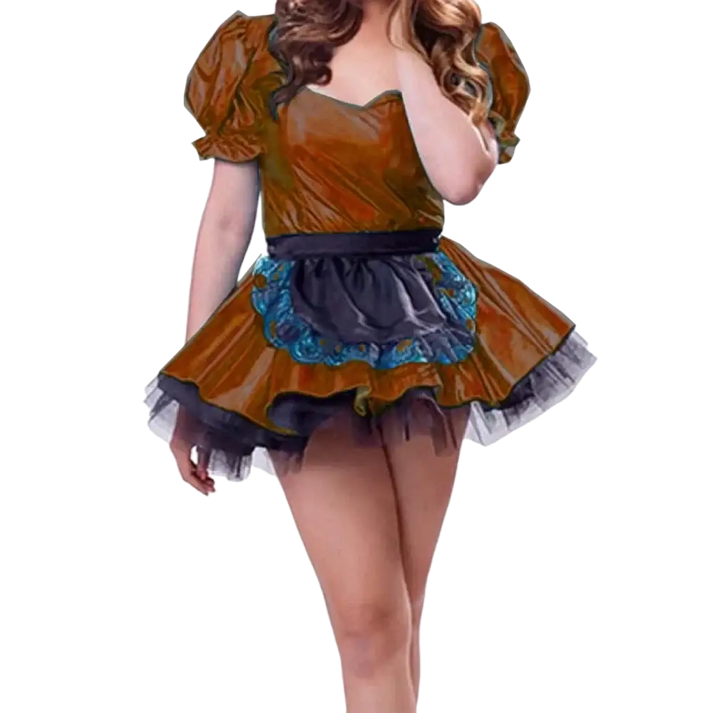 A shiny brown velvet puff sleeve maid cosplay dress with black lace-trimmed apron in plus size fit