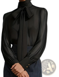 Black satin puff sleeve blouse with a large bow neckline and gold button cuffs for elegant occasions