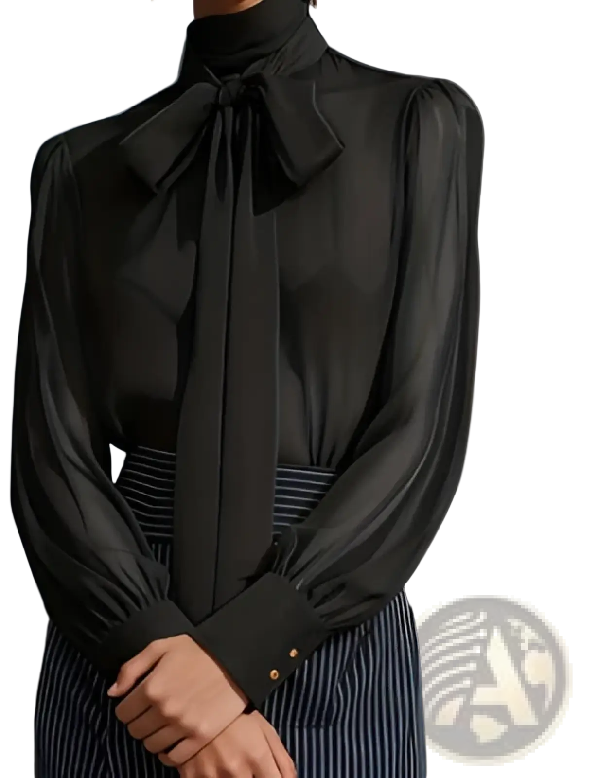 Black satin puff sleeve blouse with a large bow neckline and gold button cuffs for elegant occasions