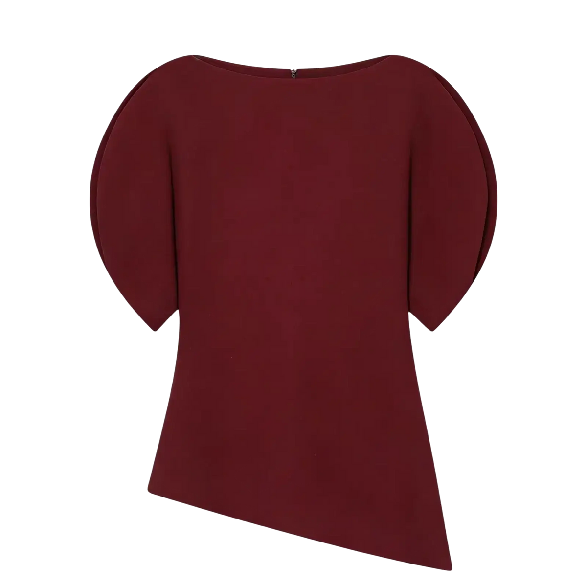 A burgundy casual summer top featuring puff sleeve style and a subtle asymmetrical hemline for a loose fit