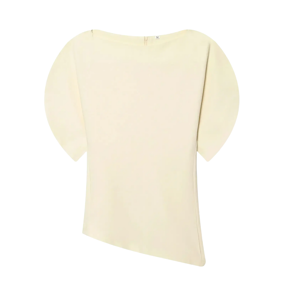 Cream-colored casual loose summer top with puff sleeve style and subtle asymmetrical hemline for women