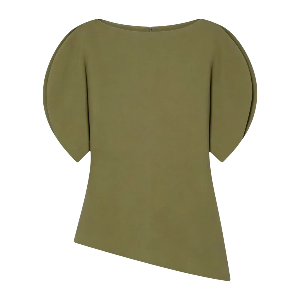 Olive green casual summer top with puff sleeve style and subtle asymmetrical hemline for a loose comfortable fit