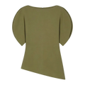 Olive green casual summer top with puff sleeve style and subtle asymmetrical hemline for a loose comfortable fit