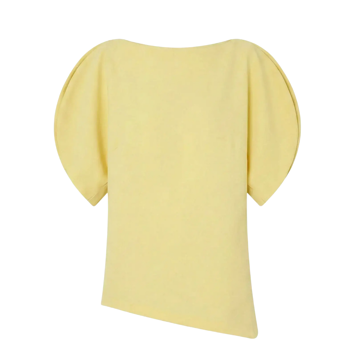 Pale yellow casual summer top with puff sleeve style and relaxed slightly asymmetrical fit for women