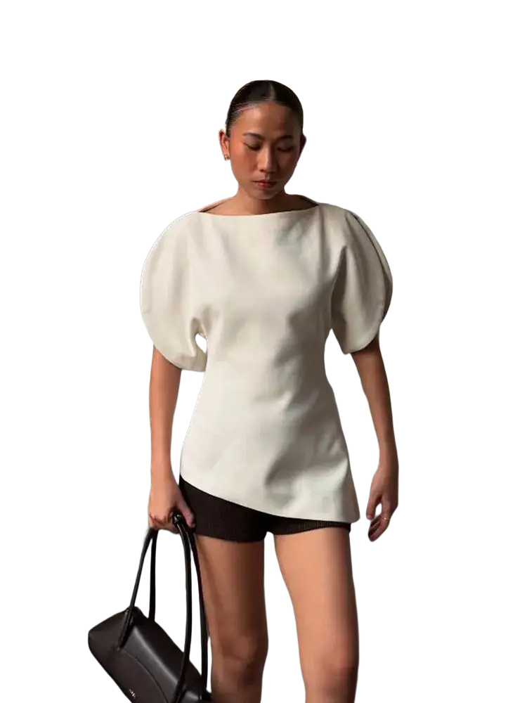 Off-white casual loose summer top with puff sleeve style and asymmetrical hemline for relaxed fit comfort