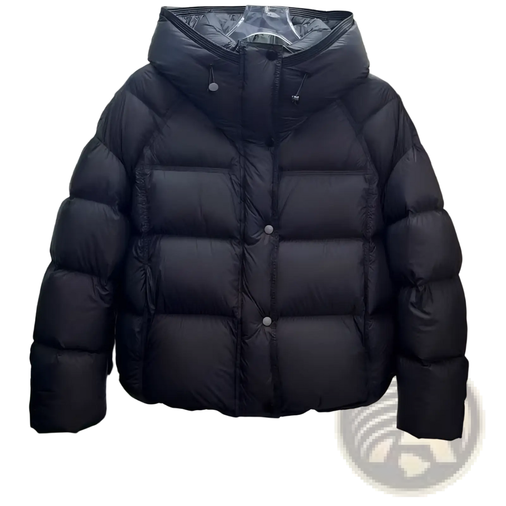 Black puffer jacket loose hooded winter coat with quilted design and silver toned buttons for cold weather wear