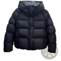 Black puffer jacket loose hooded winter coat with quilted design and silver toned buttons for cold weather wear
