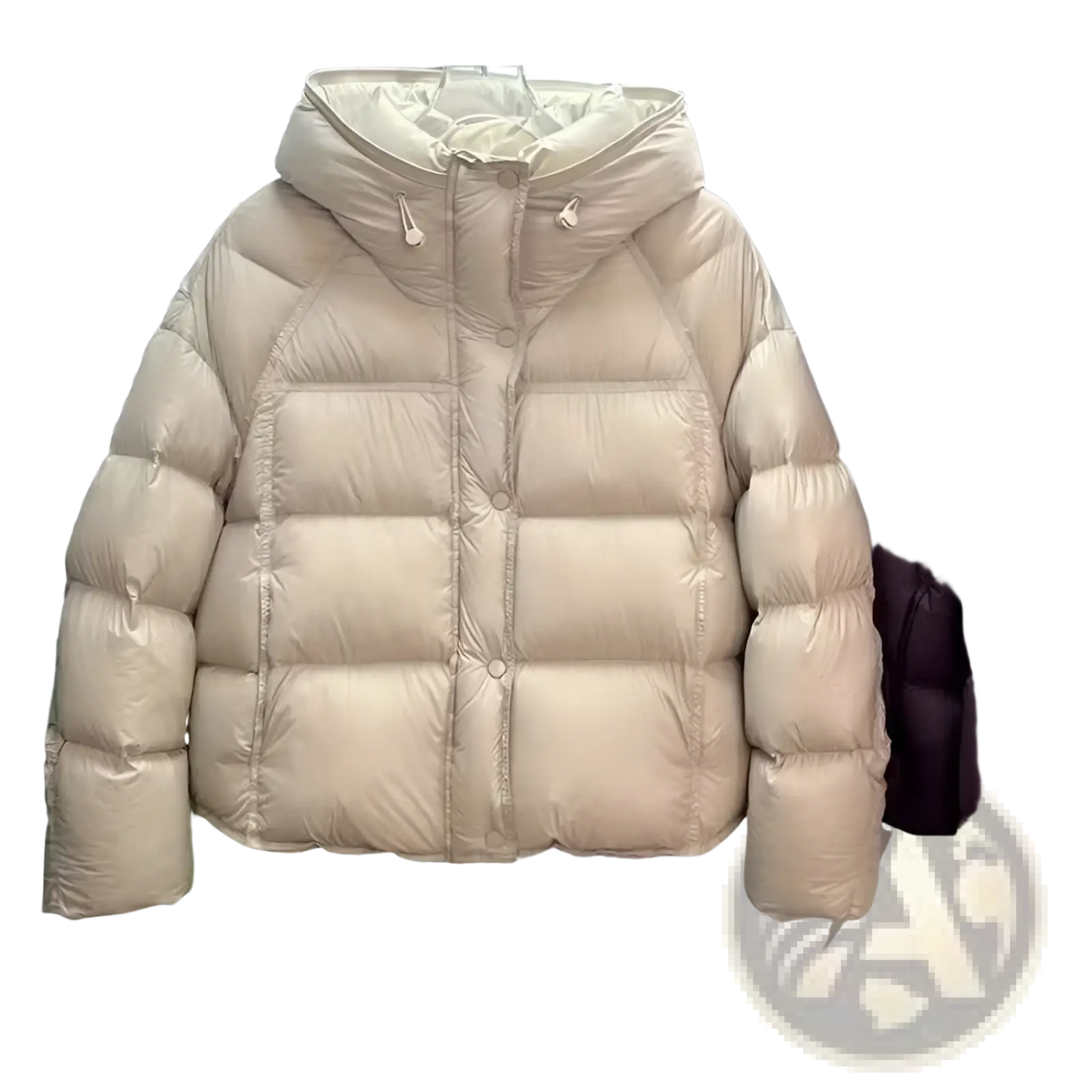 Beige puffer jacket loose hooded winter coat with quilted design and shiny nylon exterior for cold weather