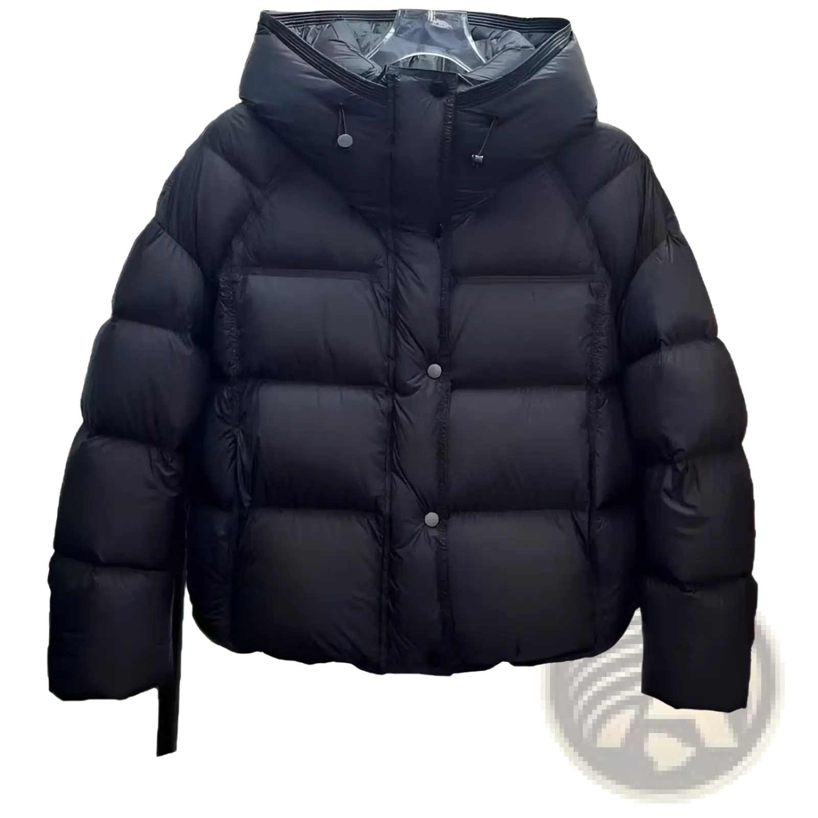 Black puffer jacket loose hooded winter coat with quilted design and silver-toned buttons for cold weather