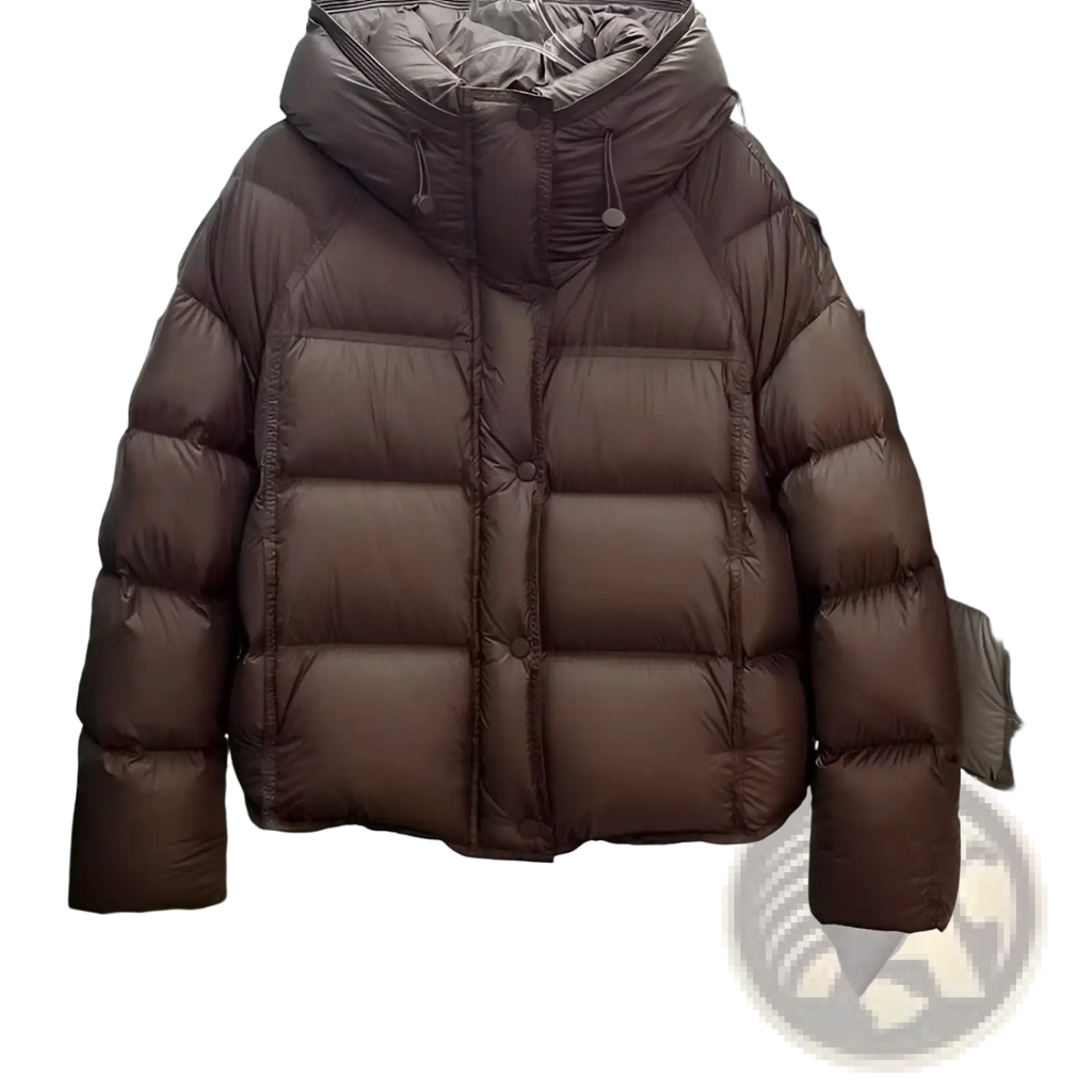 Brown quilted down puffer jacket with hood and button closure loose winter coat for cold weather use