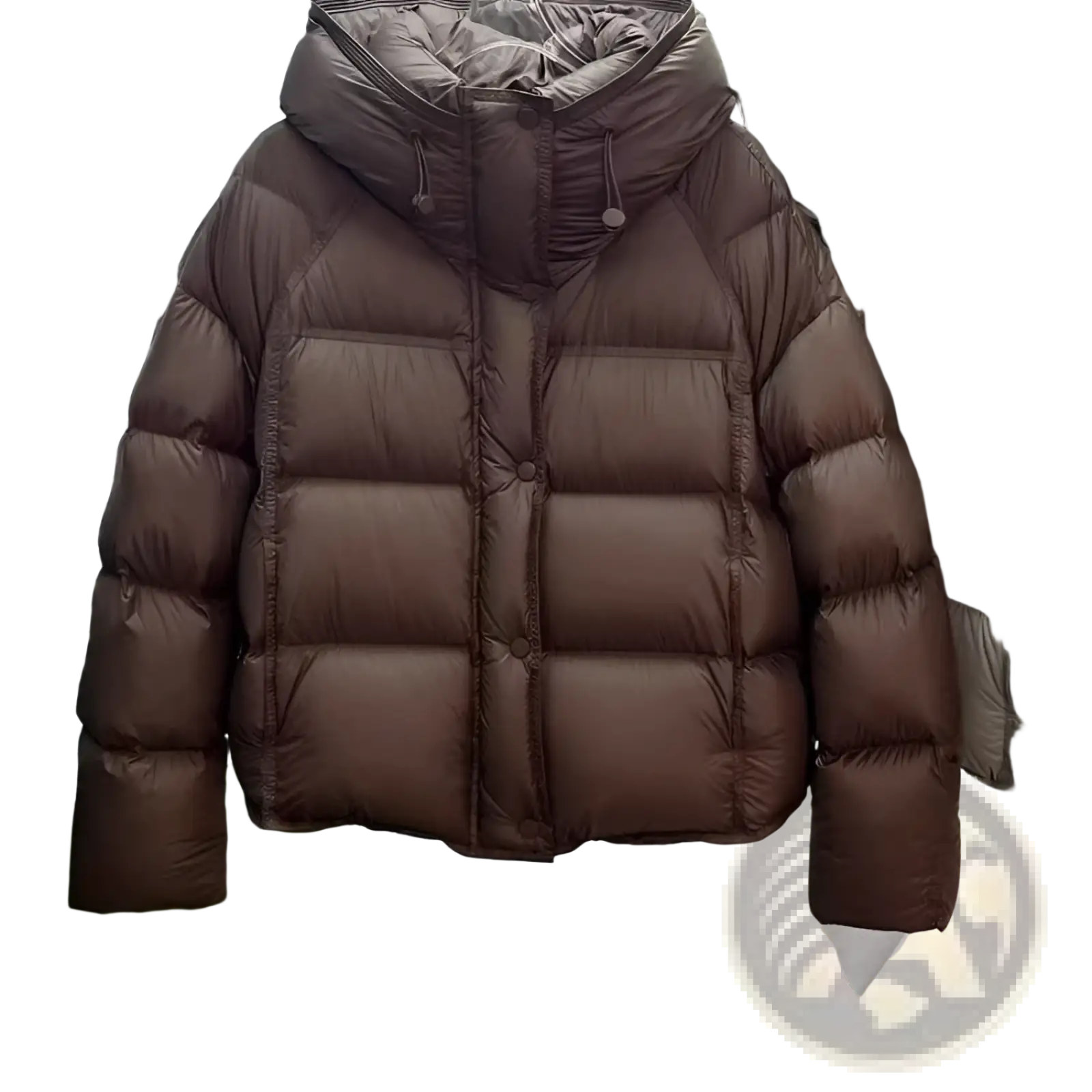 Brown quilted down puffer jacket with hood and button closure loose winter coat for cold weather use