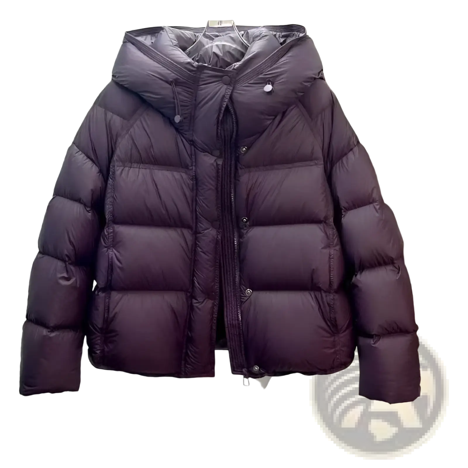 Dark purple quilted down puffer jacket with hood and front zipper designed as a loose hooded winter coat