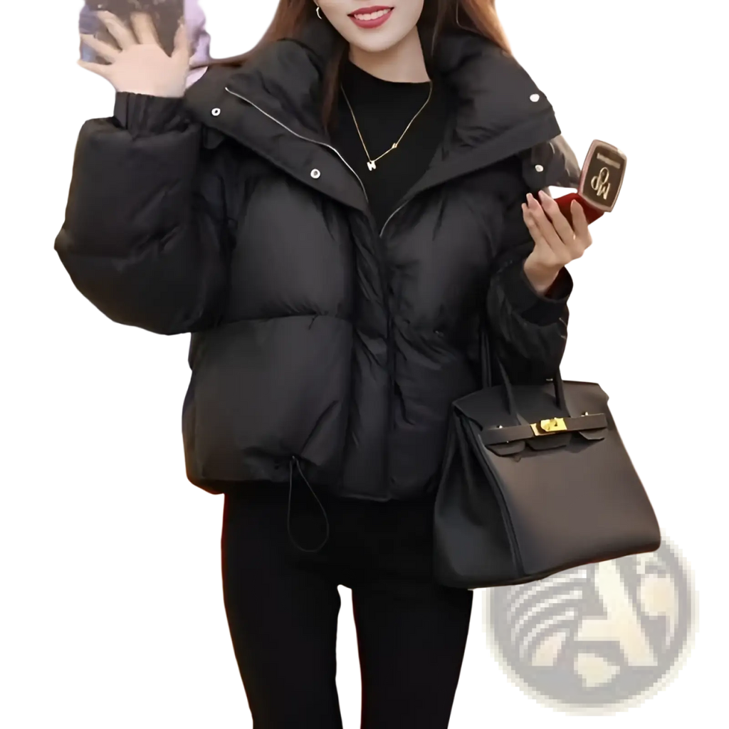 Black puffer jacket with high collar silver zipper details quilted hooded winter cotton coat for cold weather