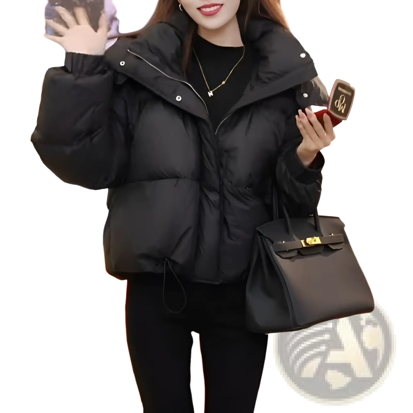 Black puffer jacket with high collar silver zipper details quilted hooded winter cotton coat for cold weather