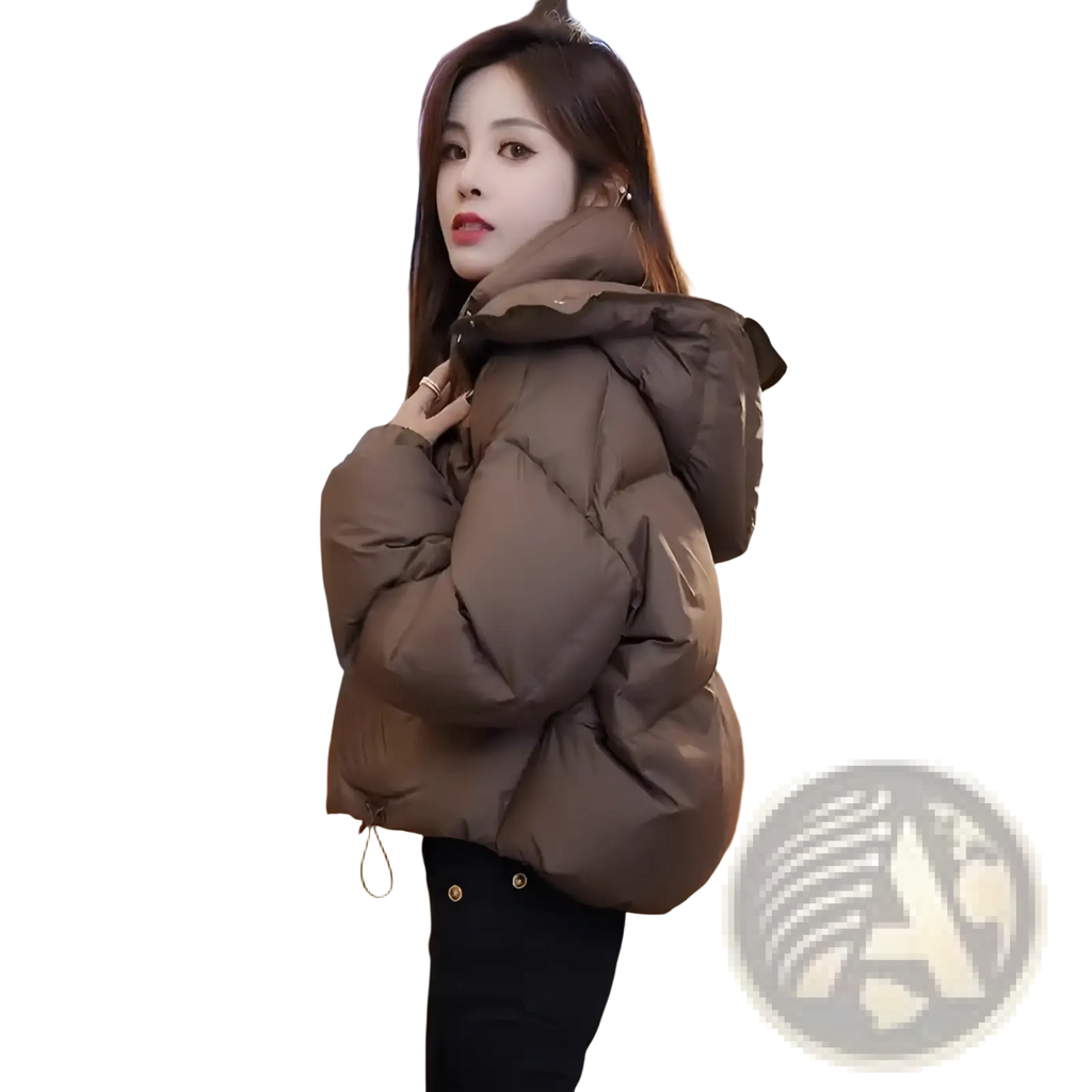 Brown quilted puffer jacket with hood made of cotton designed for winter wear