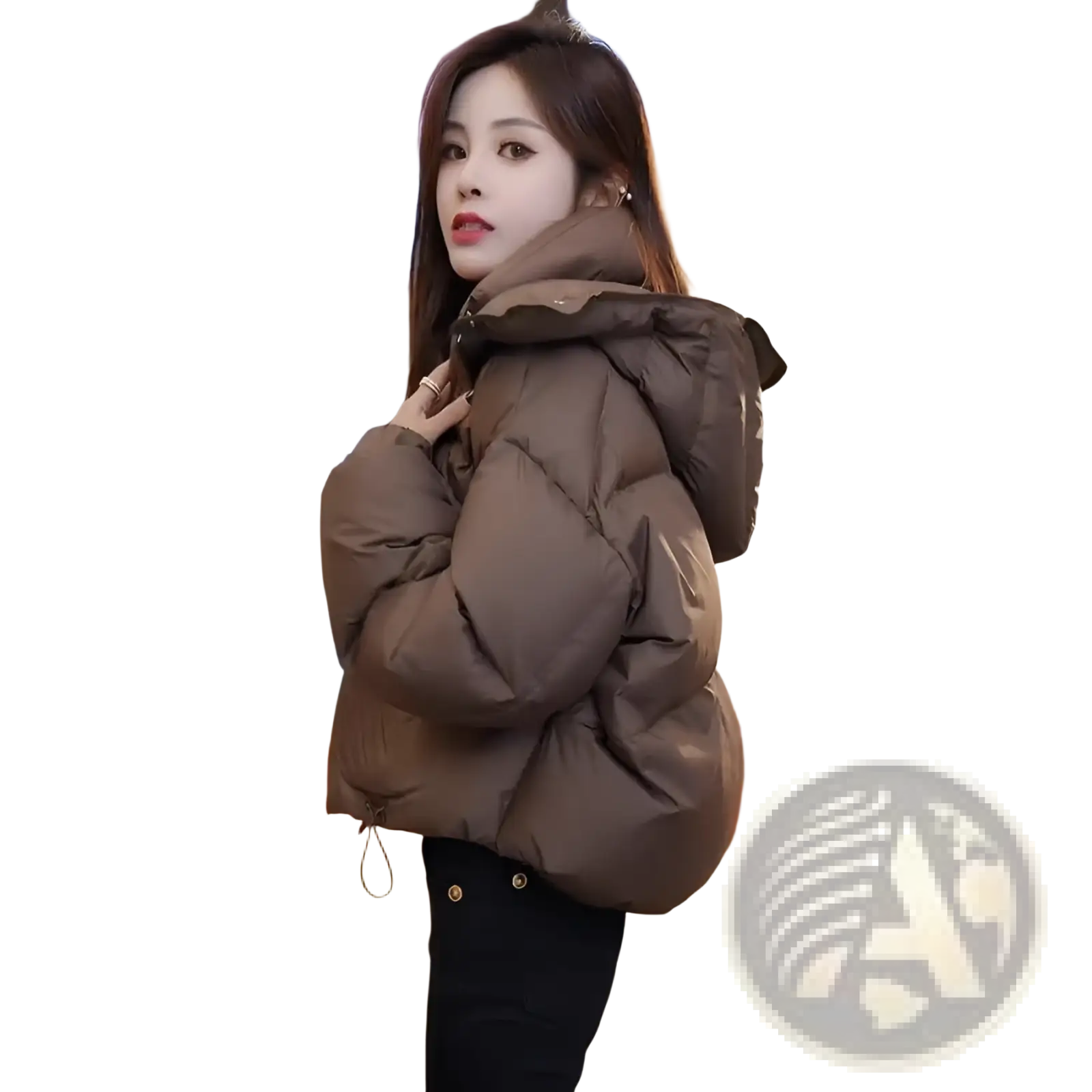 Brown quilted puffer jacket with hood made of cotton designed for winter wear